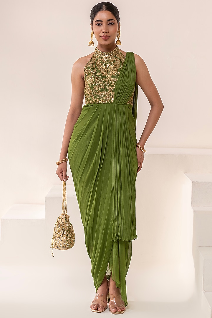 Green Georgette Hand Embellished Draped Party Wear Gown Saree by Rasasvada at Pernia's Pop Up Shop