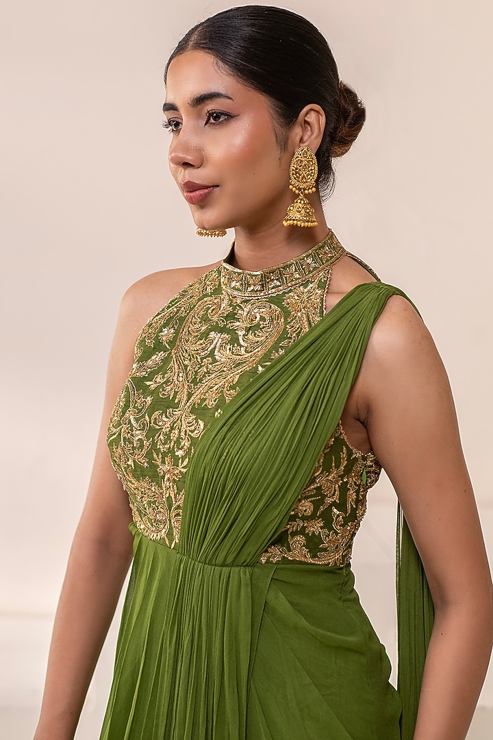 Green Georgette Hand Embellished Draped Party Wear Gown Saree by Rasasvada at Pernia's Pop Up Shop