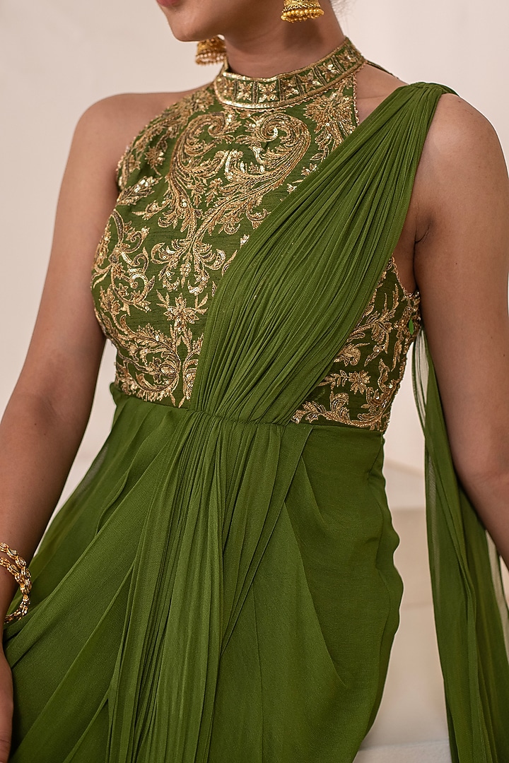 Green Georgette Hand Embellished Draped Party Wear Gown Saree by Rasasvada at Pernia's Pop Up Shop