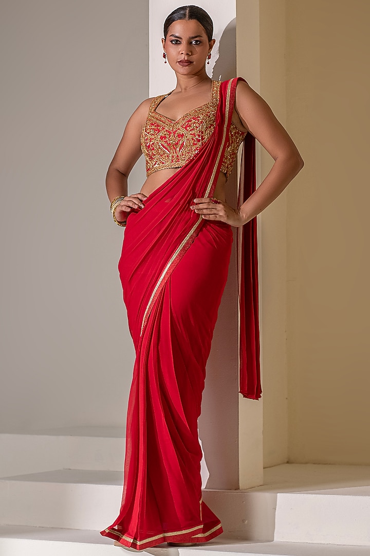 Crimson Red Georgette Hand Embellished Draped Party Wear Saree Set by Rasasvada at Pernia's Pop Up Shop