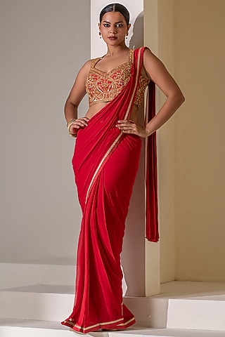 Crimson Red Georgette Hand Embellished Draped Saree Set by Rasasvada
