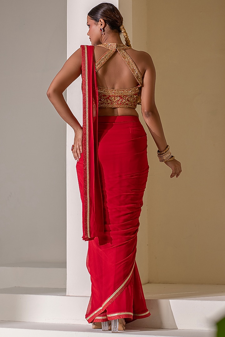 Crimson Red Georgette Hand Embellished Draped Party Wear Saree Set by Rasasvada at Pernia's Pop Up Shop