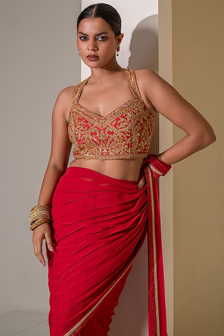 Crimson Red Georgette Hand Embellished Draped Party Wear Saree Set by Rasasvada at Pernia's Pop Up Shop