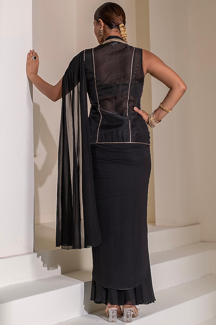 Black Georgette Draped Party Wear Saree Set by Rasasvada at Pernia's Pop Up Shop