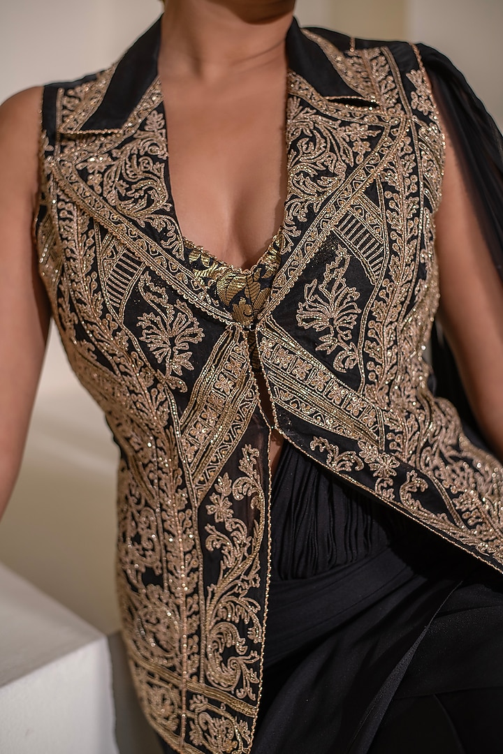 Black Georgette Draped Party Wear Saree Set by Rasasvada at Pernia's Pop Up Shop