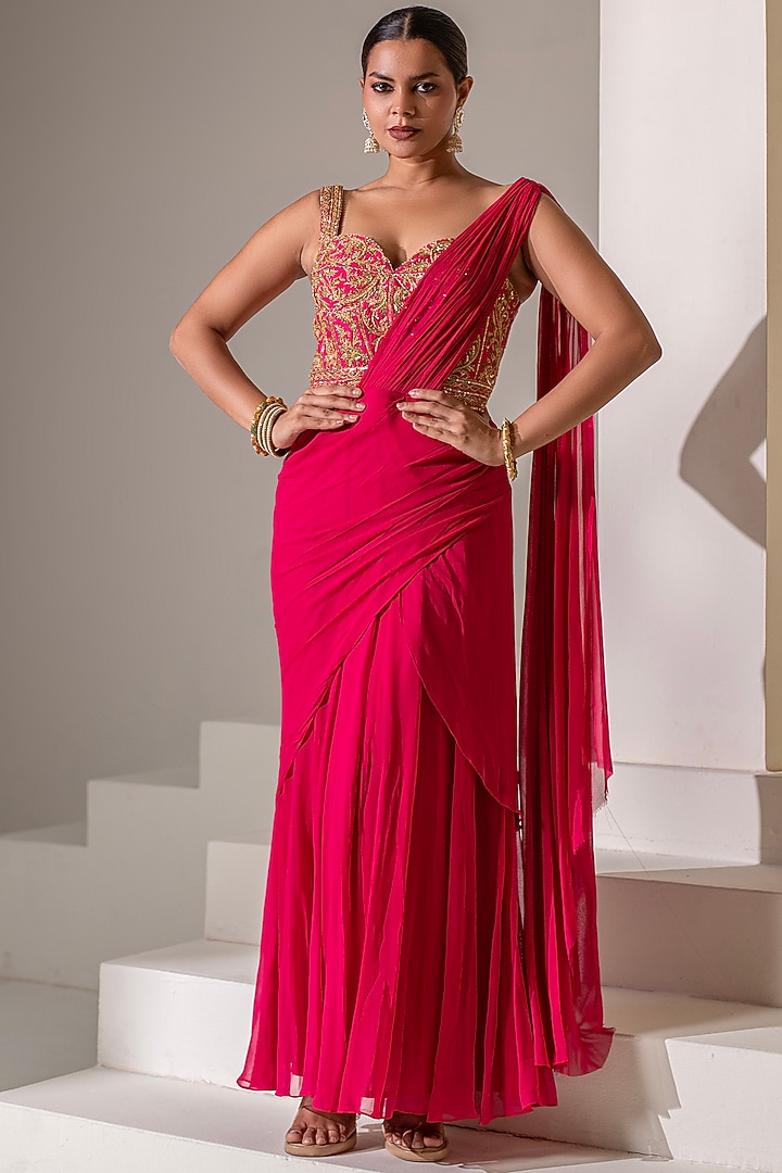 Pink Georgette Dori Hand Embellished Party Wear Gown Saree by Rasasvada at Pernia's Pop Up Shop