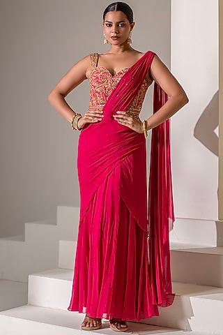 Pink Georgette Dori Hand Embellished Gown Saree by Rasasvada