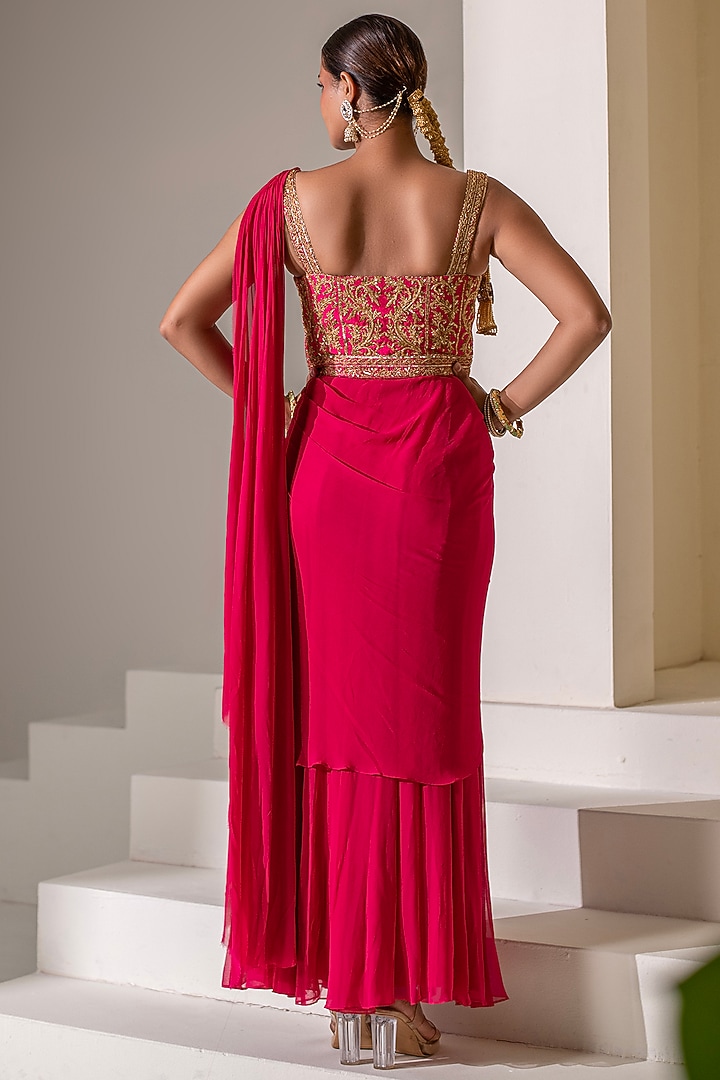 Pink Georgette Dori Hand Embellished Party Wear Gown Saree by Rasasvada at Pernia's Pop Up Shop