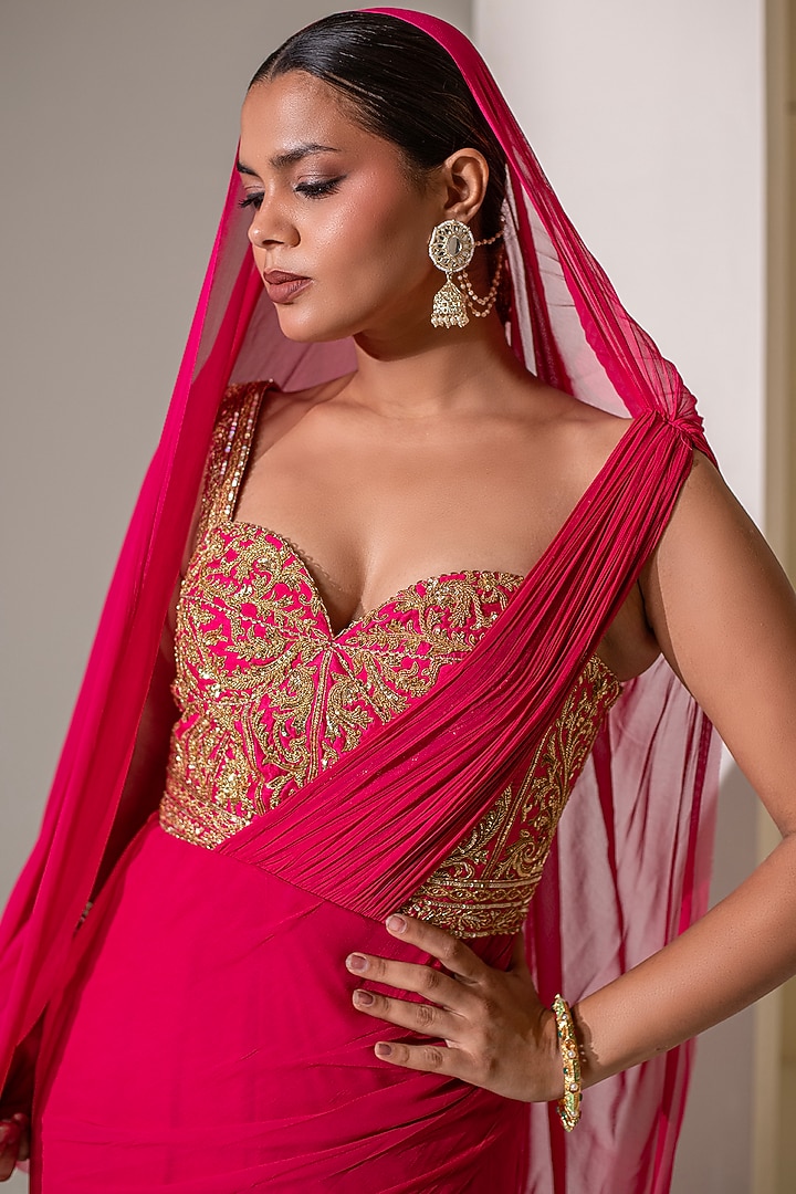 Pink Georgette Dori Hand Embellished Party Wear Gown Saree by Rasasvada at Pernia's Pop Up Shop