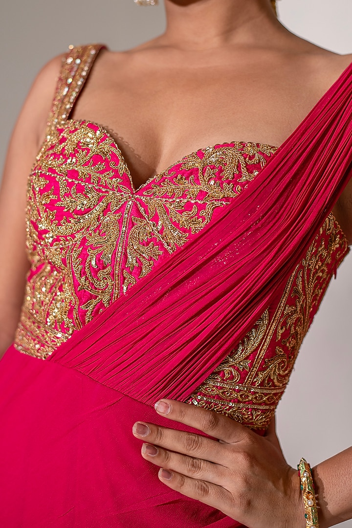 Pink Georgette Dori Hand Embellished Party Wear Gown Saree by Rasasvada at Pernia's Pop Up Shop