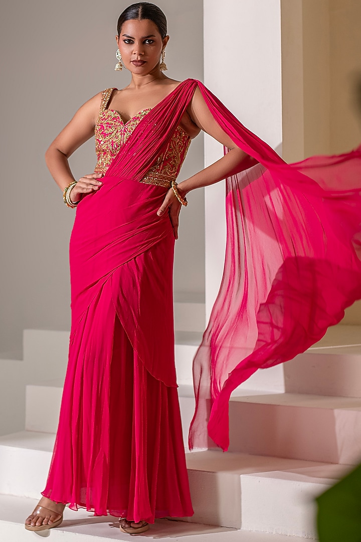 Pink Georgette Dori Hand Embellished Party Wear Gown Saree by Rasasvada at Pernia's Pop Up Shop