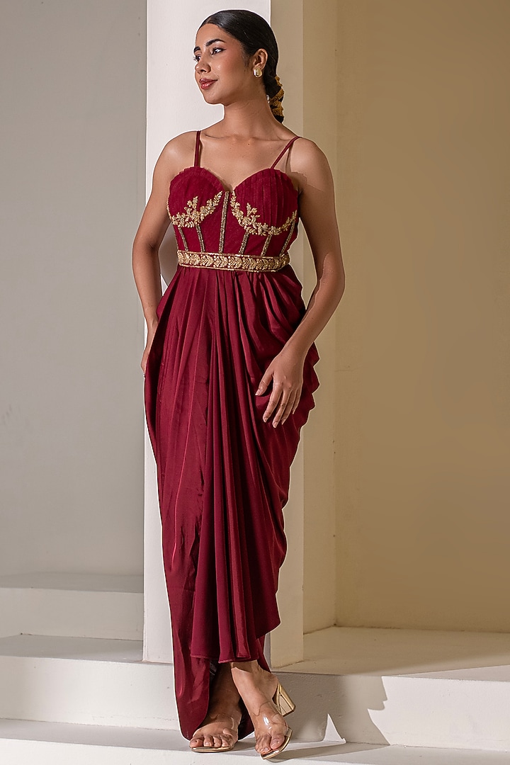 Maroon Crepe Gold Embellished Draped Party Wear Gown Saree by Rasasvada at Pernia's Pop Up Shop