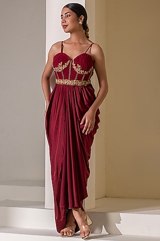 Maroon Crepe Gold Embellished Draped Gown Saree by Rasasvada