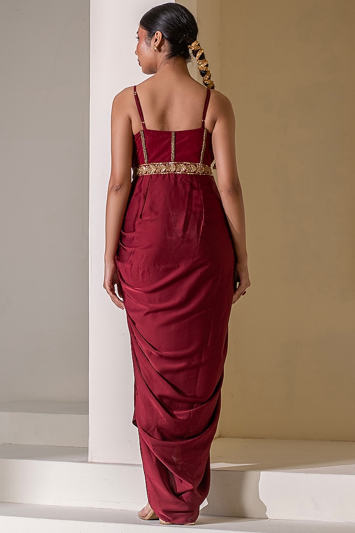 Maroon Crepe Gold Embellished Draped Party Wear Gown Saree by Rasasvada at Pernia's Pop Up Shop