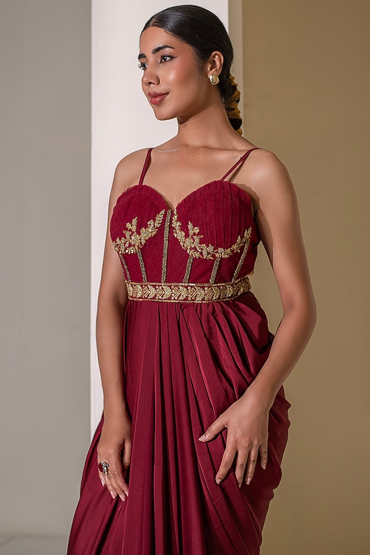Maroon Crepe Gold Embellished Draped Party Wear Gown Saree by Rasasvada at Pernia's Pop Up Shop