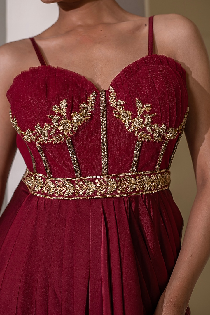 Maroon Crepe Gold Embellished Draped Party Wear Gown Saree by Rasasvada at Pernia's Pop Up Shop