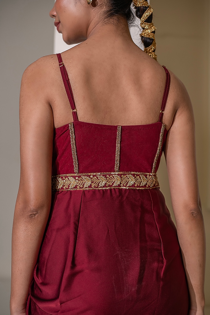 Maroon Crepe Gold Embellished Draped Party Wear Gown Saree by Rasasvada at Pernia's Pop Up Shop