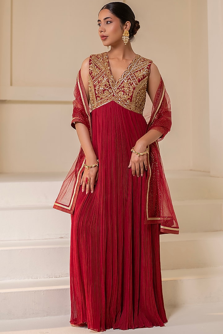Maroon Georgette Dori Hand Embellished Party Wear Anarkali by Rasasvada at Pernia's Pop Up Shop