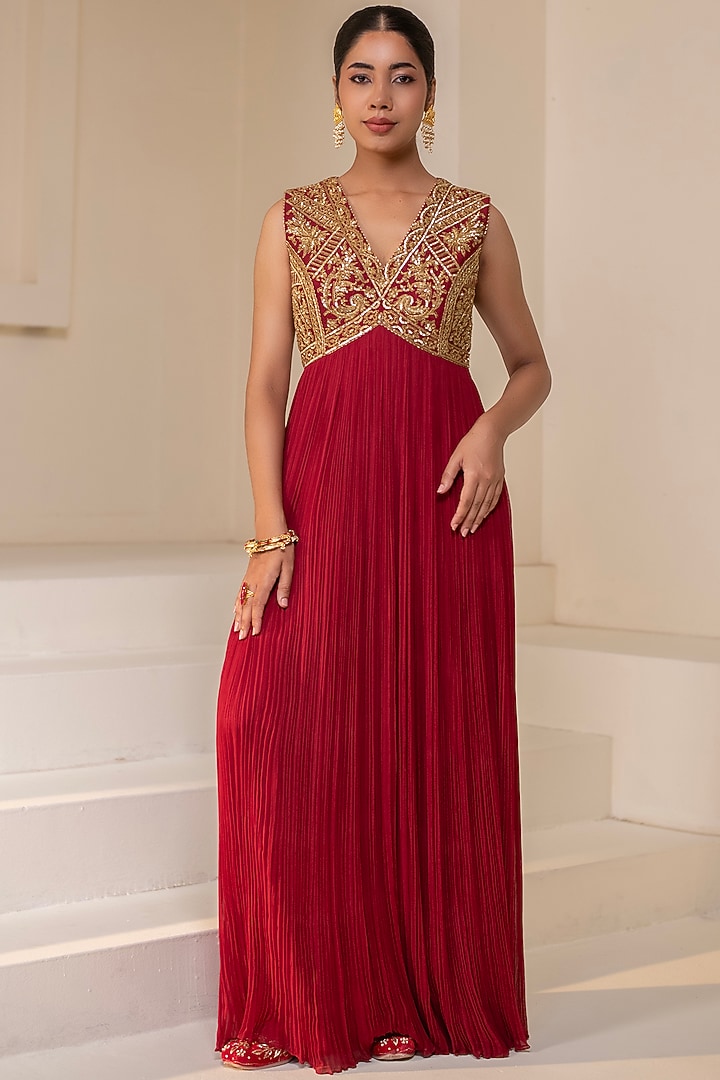 Maroon Georgette Dori Hand Embellished Party Wear Anarkali by Rasasvada at Pernia's Pop Up Shop