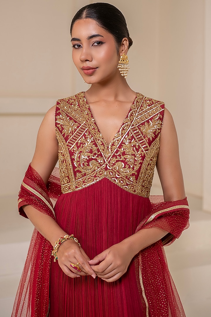 Maroon Georgette Dori Hand Embellished Party Wear Anarkali by Rasasvada at Pernia's Pop Up Shop