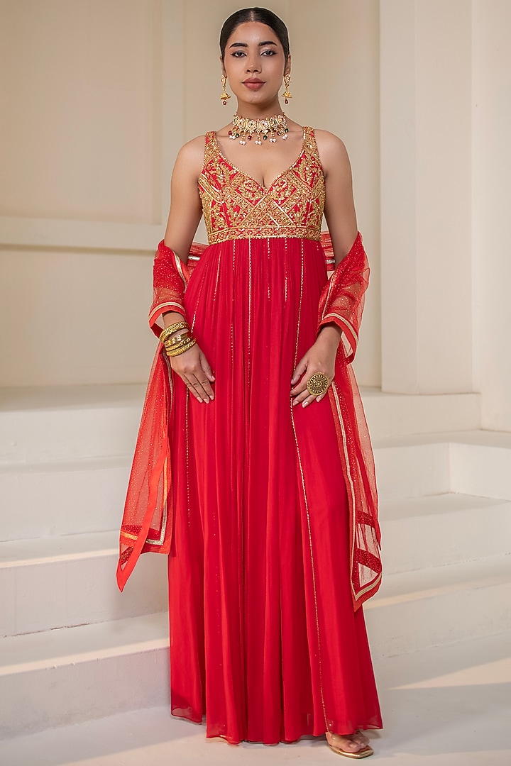 Red Georgette Dori Hand Embellished Party Wear Anarkali by Rasasvada at Pernia's Pop Up Shop