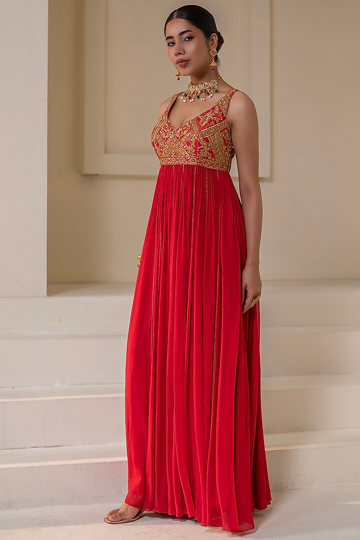 Red Georgette Dori Hand Embellished Party Wear Anarkali by Rasasvada at Pernia's Pop Up Shop