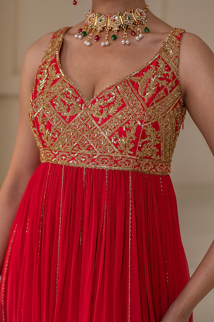 Red Georgette Dori Hand Embellished Party Wear Anarkali by Rasasvada at Pernia's Pop Up Shop