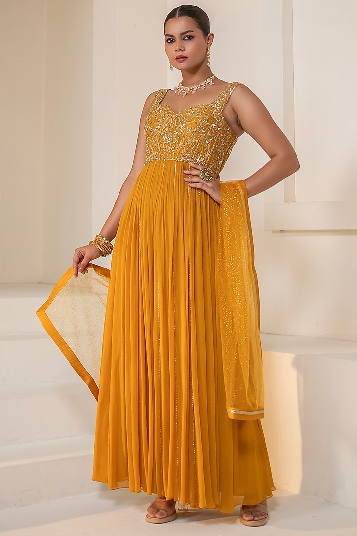 Yellow Georgette Dori Hand Embellished Party Wear Anarkali by Rasasvada at Pernia's Pop Up Shop