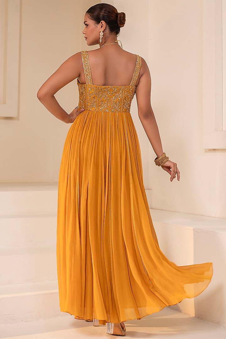 Yellow Georgette Dori Hand Embellished Party Wear Anarkali by Rasasvada at Pernia's Pop Up Shop
