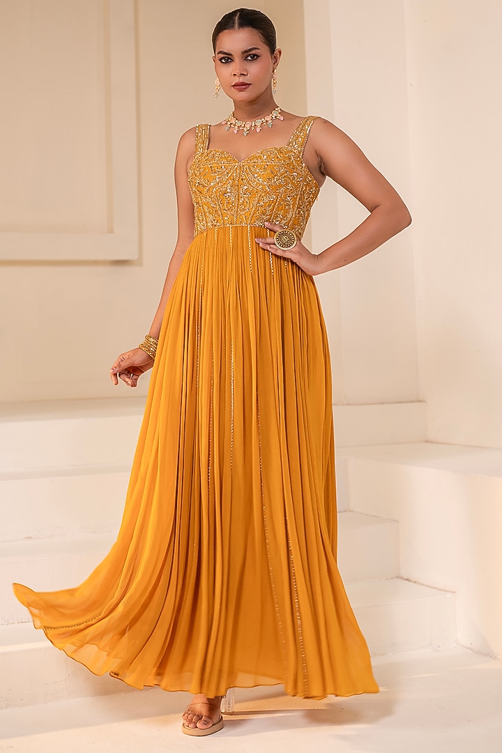 Yellow Georgette Dori Hand Embellished Party Wear Anarkali by Rasasvada at Pernia's Pop Up Shop