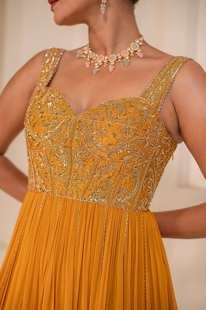 Yellow Georgette Dori Hand Embellished Party Wear Anarkali by Rasasvada at Pernia's Pop Up Shop