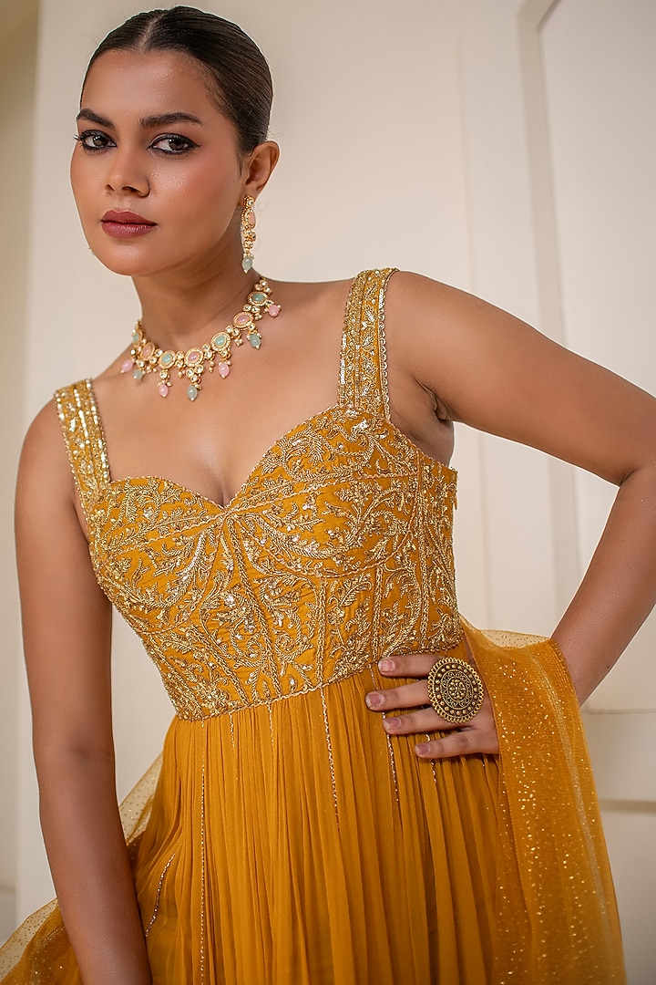 Yellow Georgette Dori Hand Embellished Party Wear Anarkali by Rasasvada at Pernia's Pop Up Shop