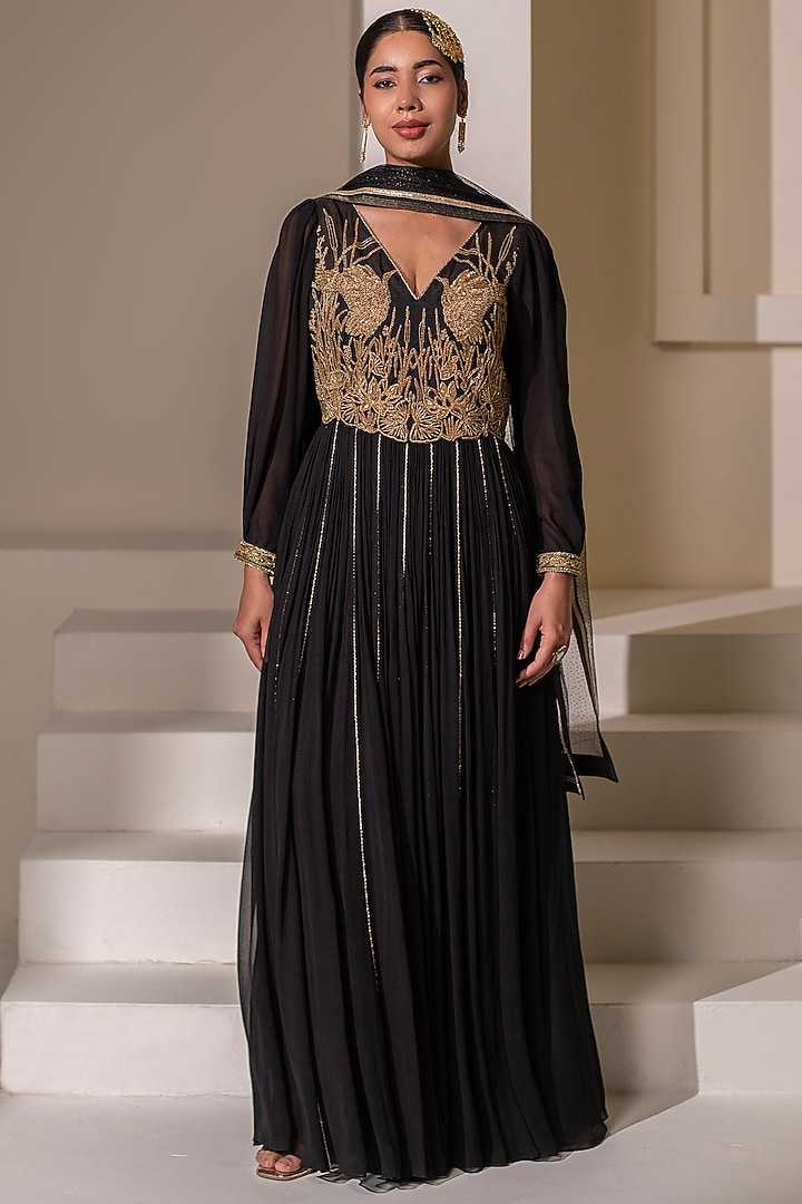 Black Georgette Dori Hand Embellished Party Wear Anarkali by Rasasvada at Pernia's Pop Up Shop