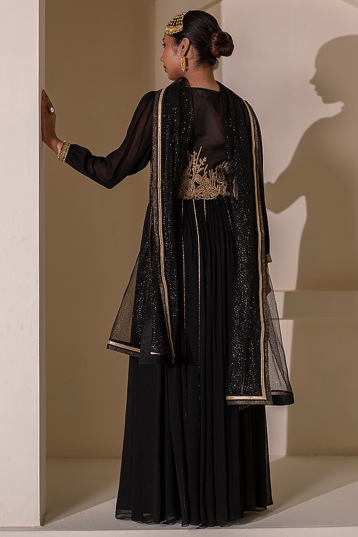 Black Georgette Dori Hand Embellished Party Wear Anarkali by Rasasvada at Pernia's Pop Up Shop