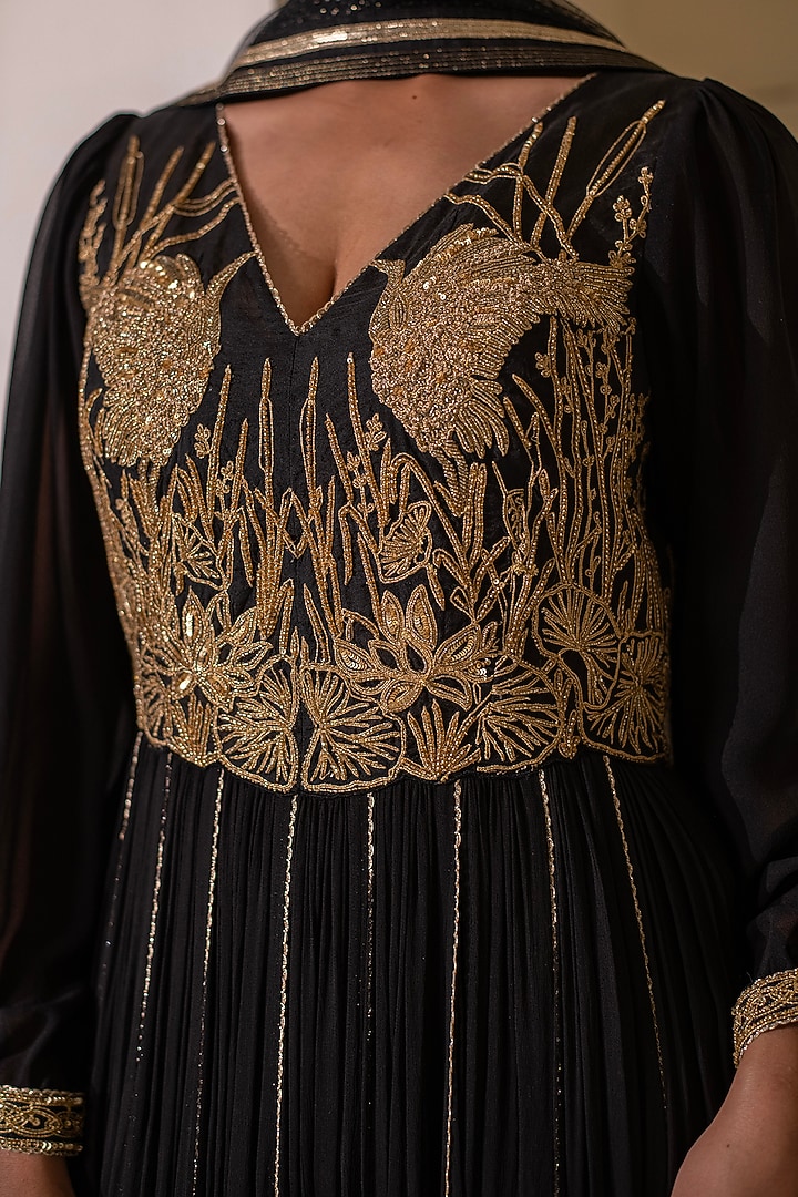 Black Georgette Dori Hand Embellished Party Wear Anarkali by Rasasvada at Pernia's Pop Up Shop