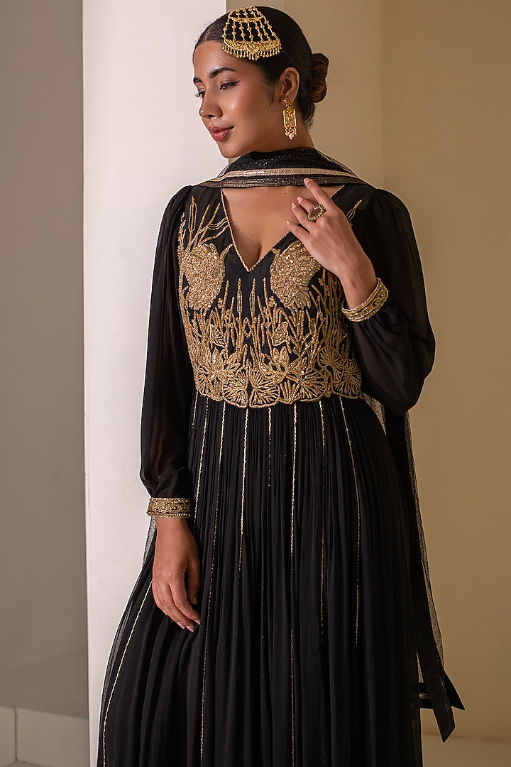 Black Georgette Dori Hand Embellished Party Wear Anarkali by Rasasvada at Pernia's Pop Up Shop