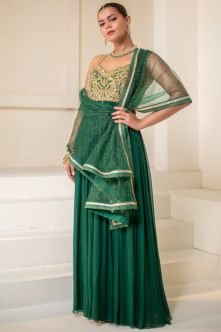 Bottle Green Georgette Dori Hand Embellished Sleeveless Party Wear Anarkali by Rasasvada at Pernia's Pop Up Shop
