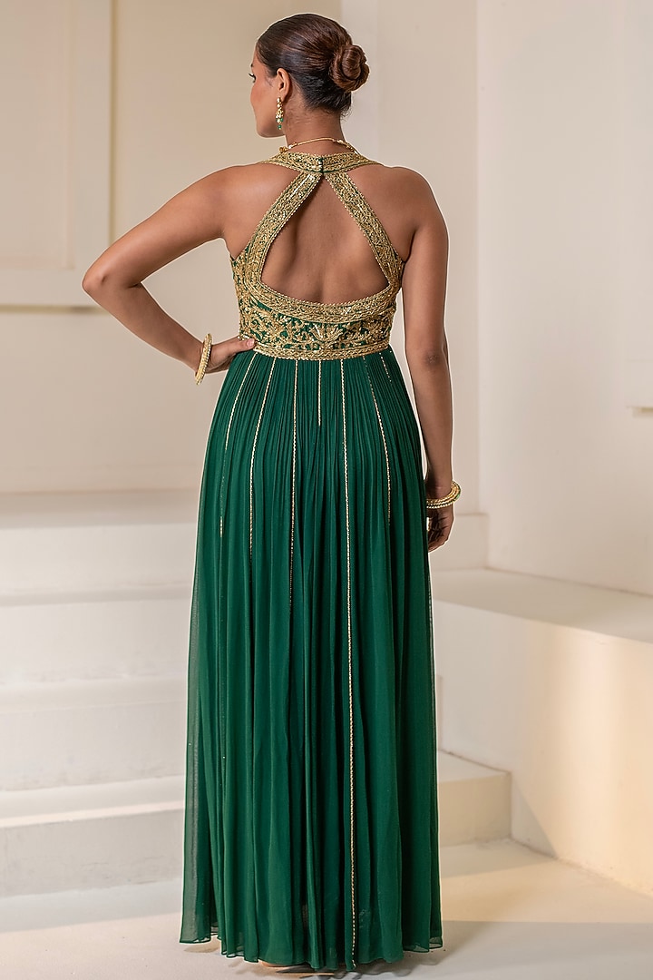Bottle Green Georgette Dori Hand Embellished Sleeveless Party Wear Anarkali by Rasasvada at Pernia's Pop Up Shop