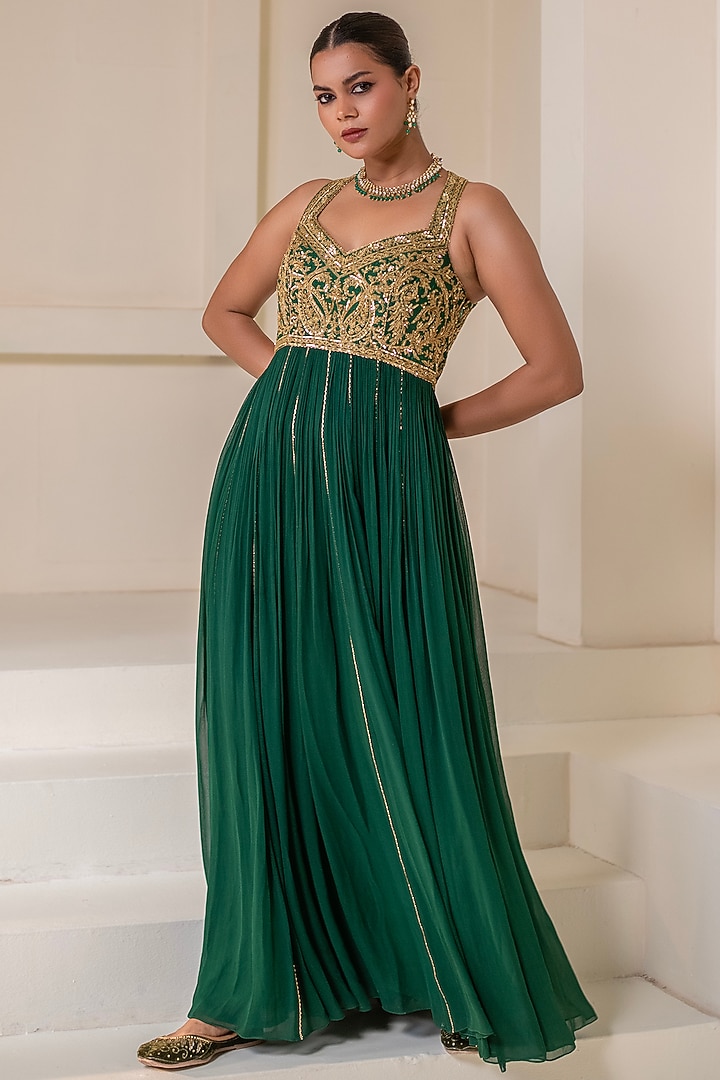 Bottle Green Georgette Dori Hand Embellished Sleeveless Party Wear Anarkali by Rasasvada at Pernia's Pop Up Shop