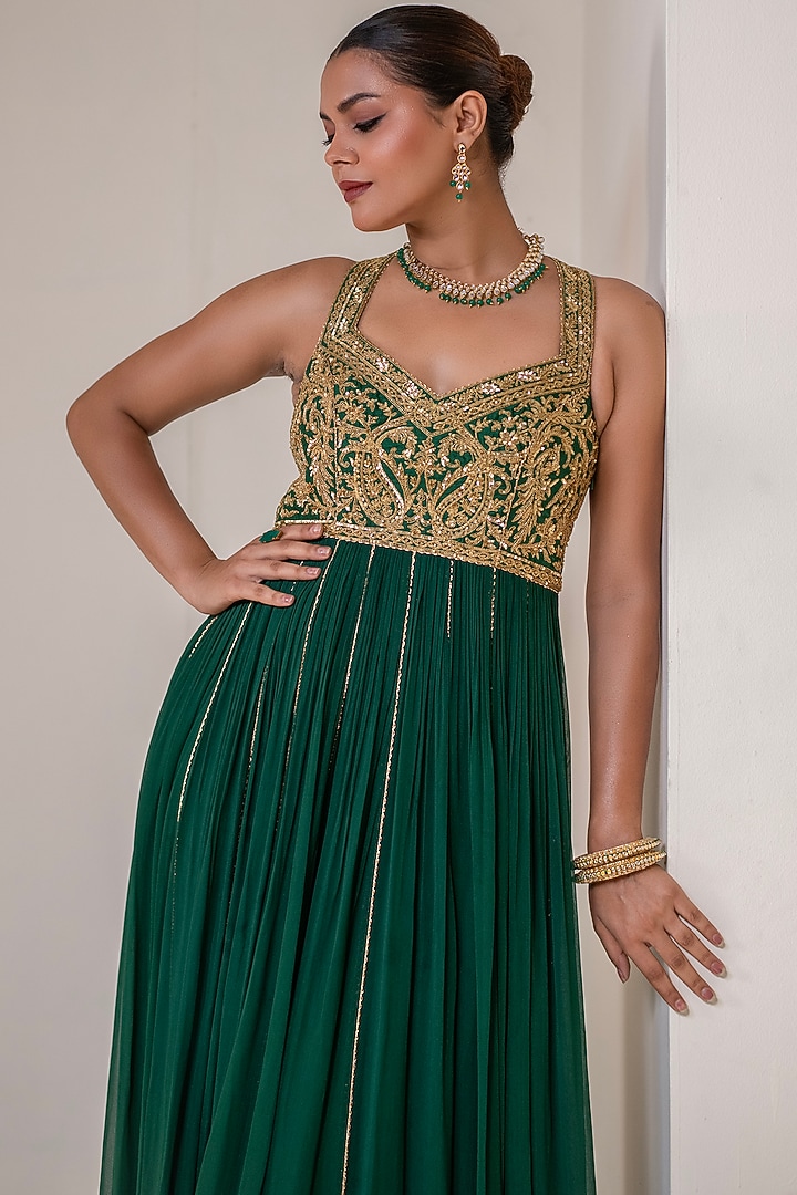 Bottle Green Georgette Dori Hand Embellished Sleeveless Party Wear Anarkali by Rasasvada at Pernia's Pop Up Shop