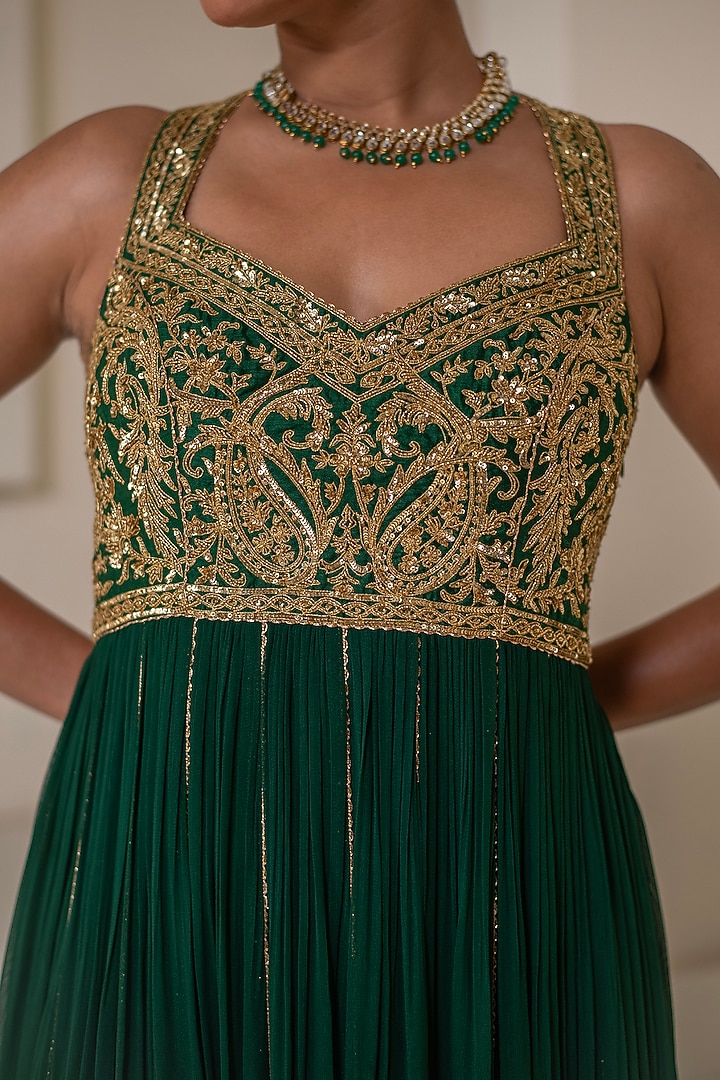 Bottle Green Georgette Dori Hand Embellished Sleeveless Party Wear Anarkali by Rasasvada at Pernia's Pop Up Shop
