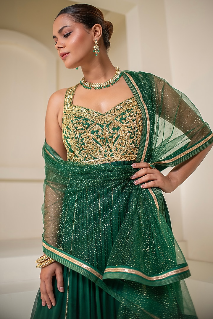 Bottle Green Georgette Dori Hand Embellished Sleeveless Party Wear Anarkali by Rasasvada at Pernia's Pop Up Shop