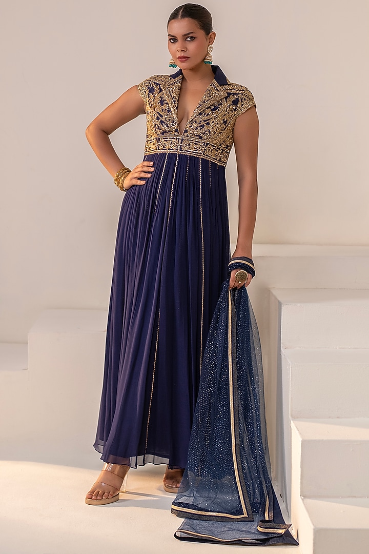 Navy Blue Georgette Dori Hand Embellished Kalidar Party Wear Anarkali by Rasasvada at Pernia's Pop Up Shop