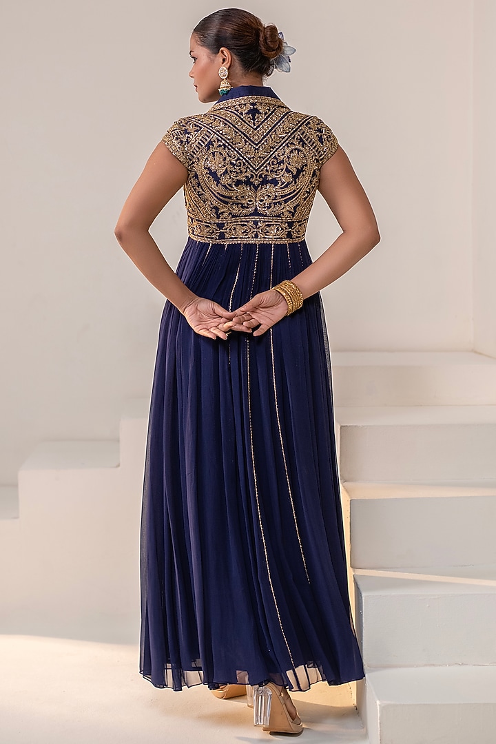 Navy Blue Georgette Dori Hand Embellished Kalidar Party Wear Anarkali by Rasasvada at Pernia's Pop Up Shop