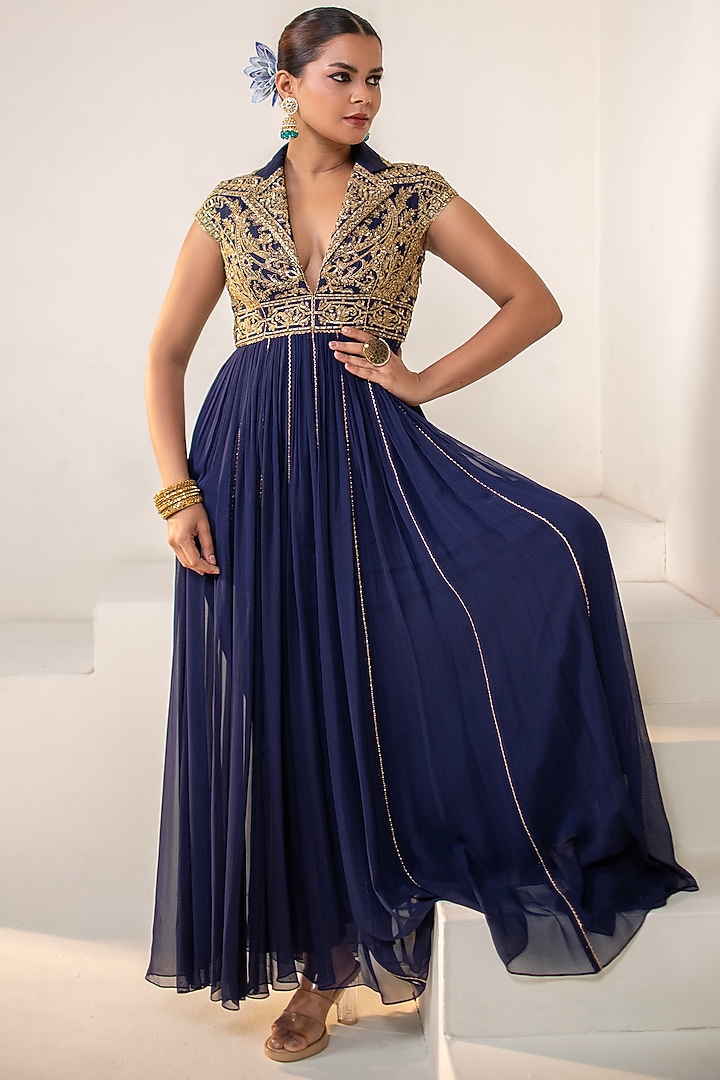 Navy Blue Georgette Dori Hand Embellished Kalidar Party Wear Anarkali by Rasasvada at Pernia's Pop Up Shop