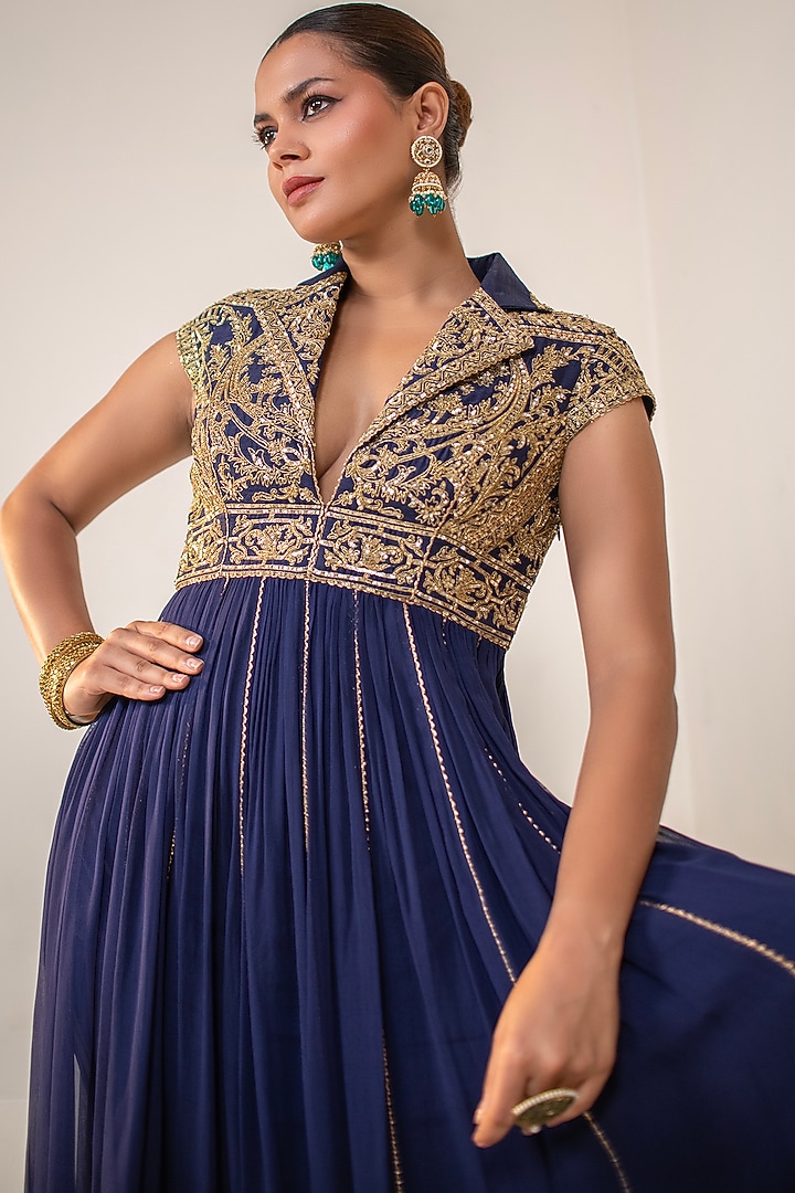 Navy Blue Georgette Dori Hand Embellished Kalidar Party Wear Anarkali by Rasasvada at Pernia's Pop Up Shop