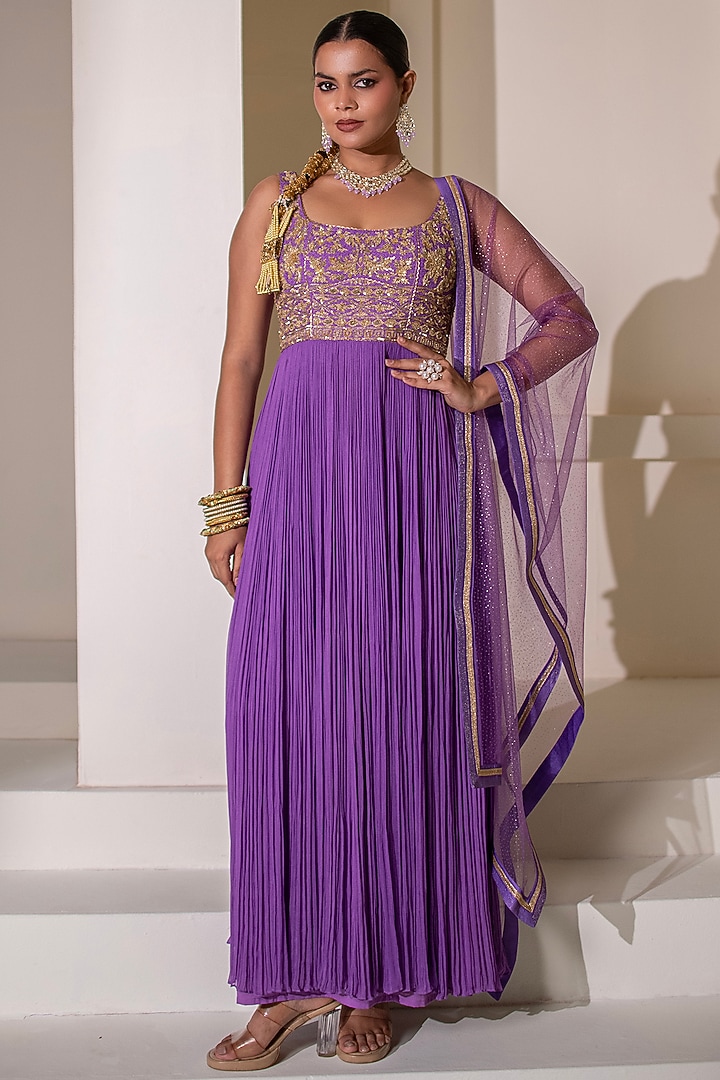 Purple Georgette Dori Hand Embellished Kalidar Party Wear Anarkali by Rasasvada at Pernia's Pop Up Shop