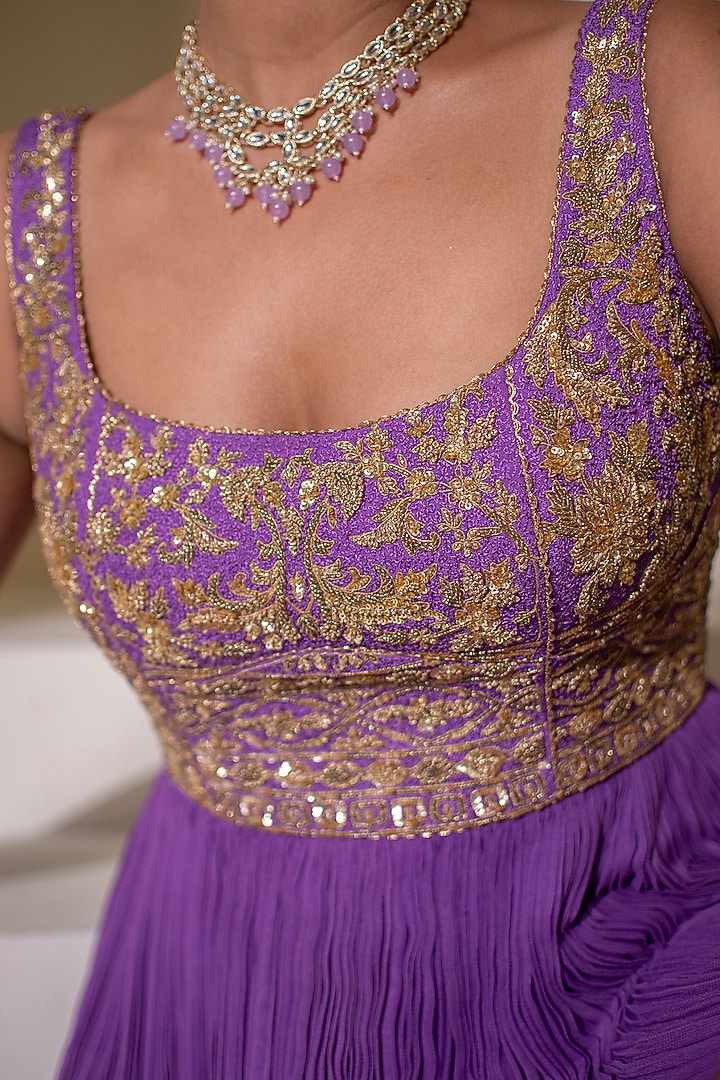 Purple Georgette Dori Hand Embellished Kalidar Party Wear Anarkali by Rasasvada at Pernia's Pop Up Shop