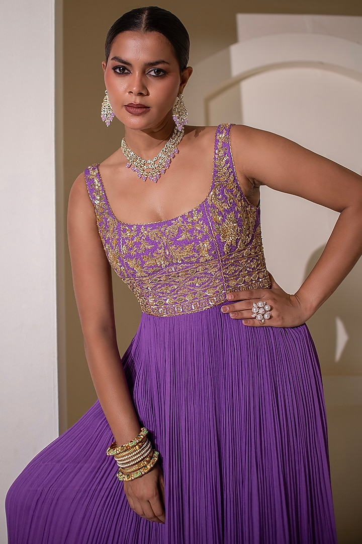 Purple Georgette Dori Hand Embellished Kalidar Party Wear Anarkali by Rasasvada at Pernia's Pop Up Shop