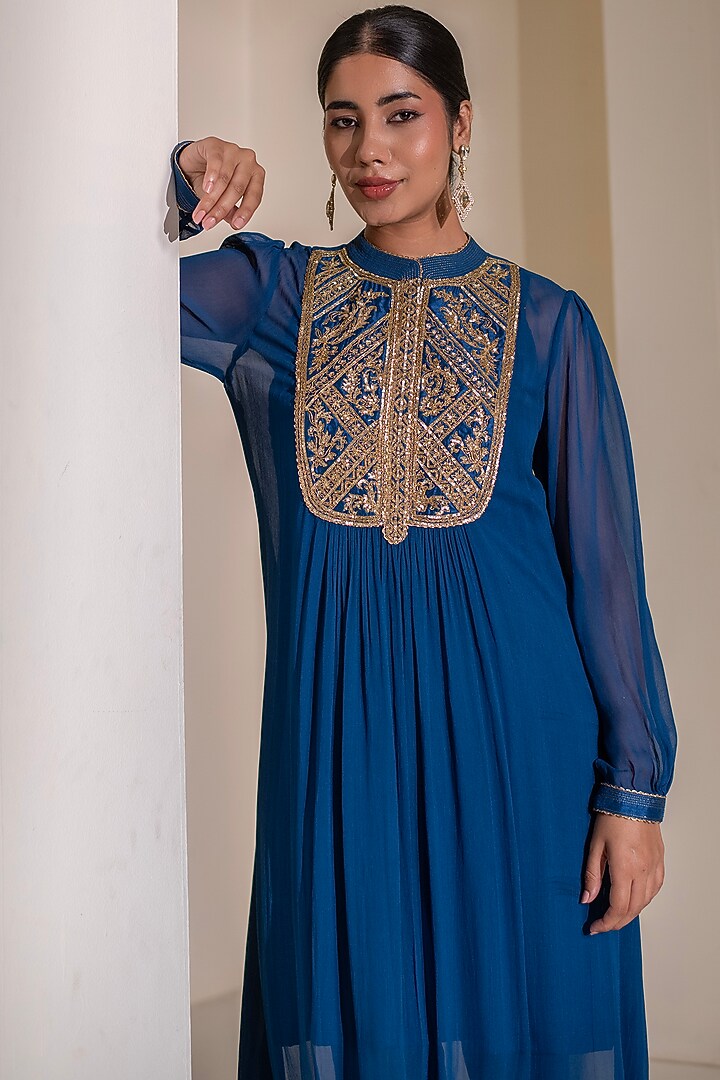 Blue Georgette Dori Hand Embellished Midi Summer Dress by Rasasvada at Pernia's Pop Up Shop